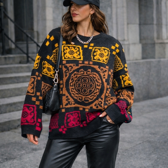 Vintage Sweaters - Vintage Geometric Knit Sweater Oversized Streetwear Colorblock 90s Pullover